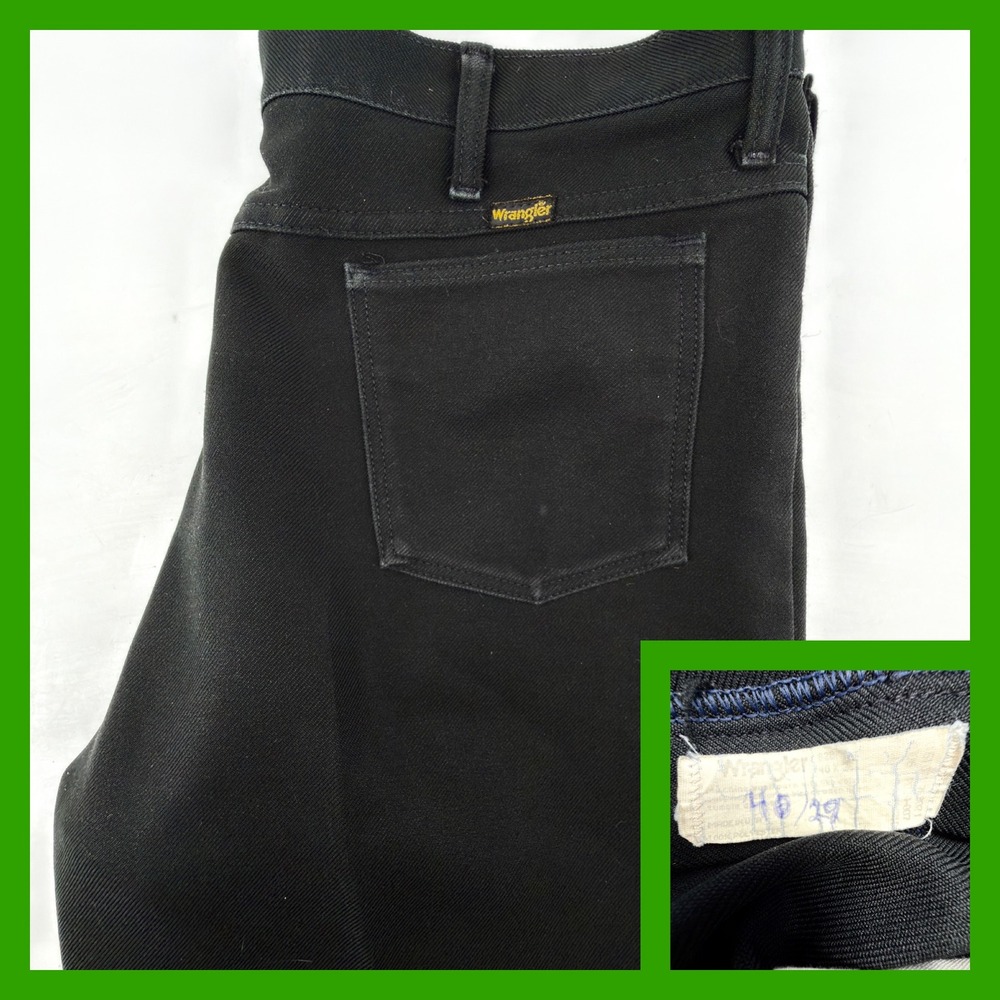 Vintage Wrangler Wrancher Dress Jeans Black 40x29 Western Flare Poly Twill USA